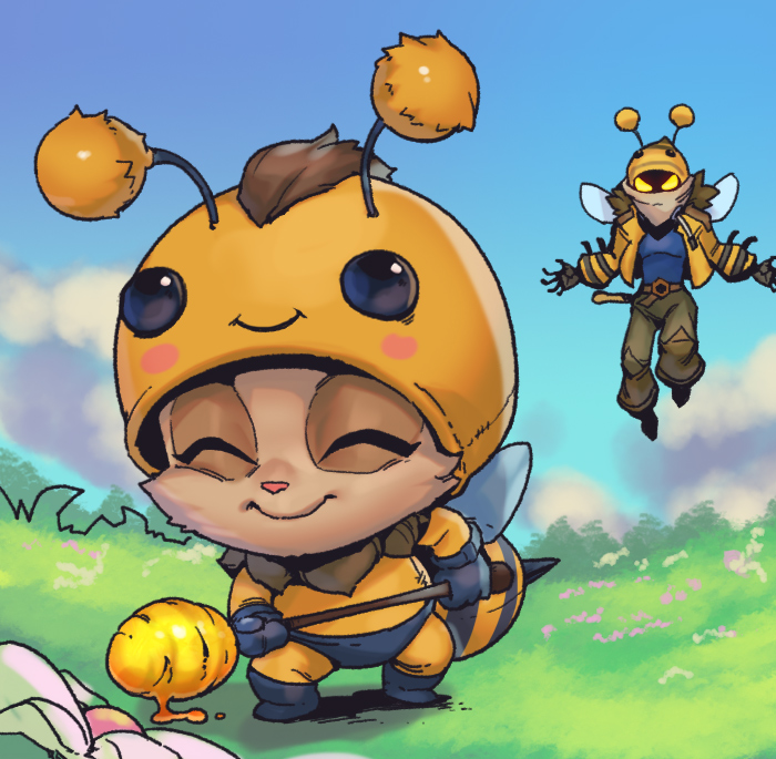 2boys, animal_hood, antennae, bangs, bee_hood, beemo, beezahar, black_footwear, blue_shirt, brown_hair, brown_pants, closed_eyes, closed_mouth, day, floating, flower, grass, holding, hood, hood_up, jacket, league_of_legends, looking_at_another, malzahar, mask, mouth_mask, multiple_boys, open_clothes, open_jacket, outdoors, pants, phantom_ix_row, shirt, smile, solo_focus, teemo, wings, yellow_eyes, yellow_jacket