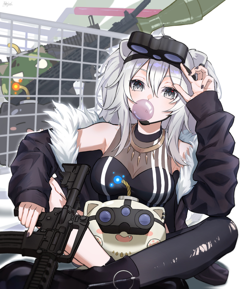 1girl, absurdres, animal_ears, assault_rifle, bakujeeh_(user_emgg5835), black_footwear, black_legwear, boots