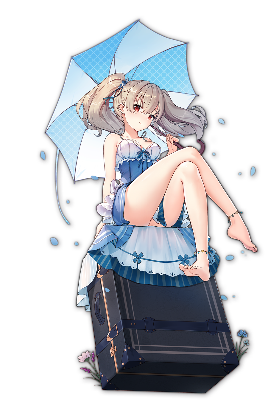 1girl, anklet, artist_request, barefoot, blue_dress, blue_flower, breasts, crossed_legs