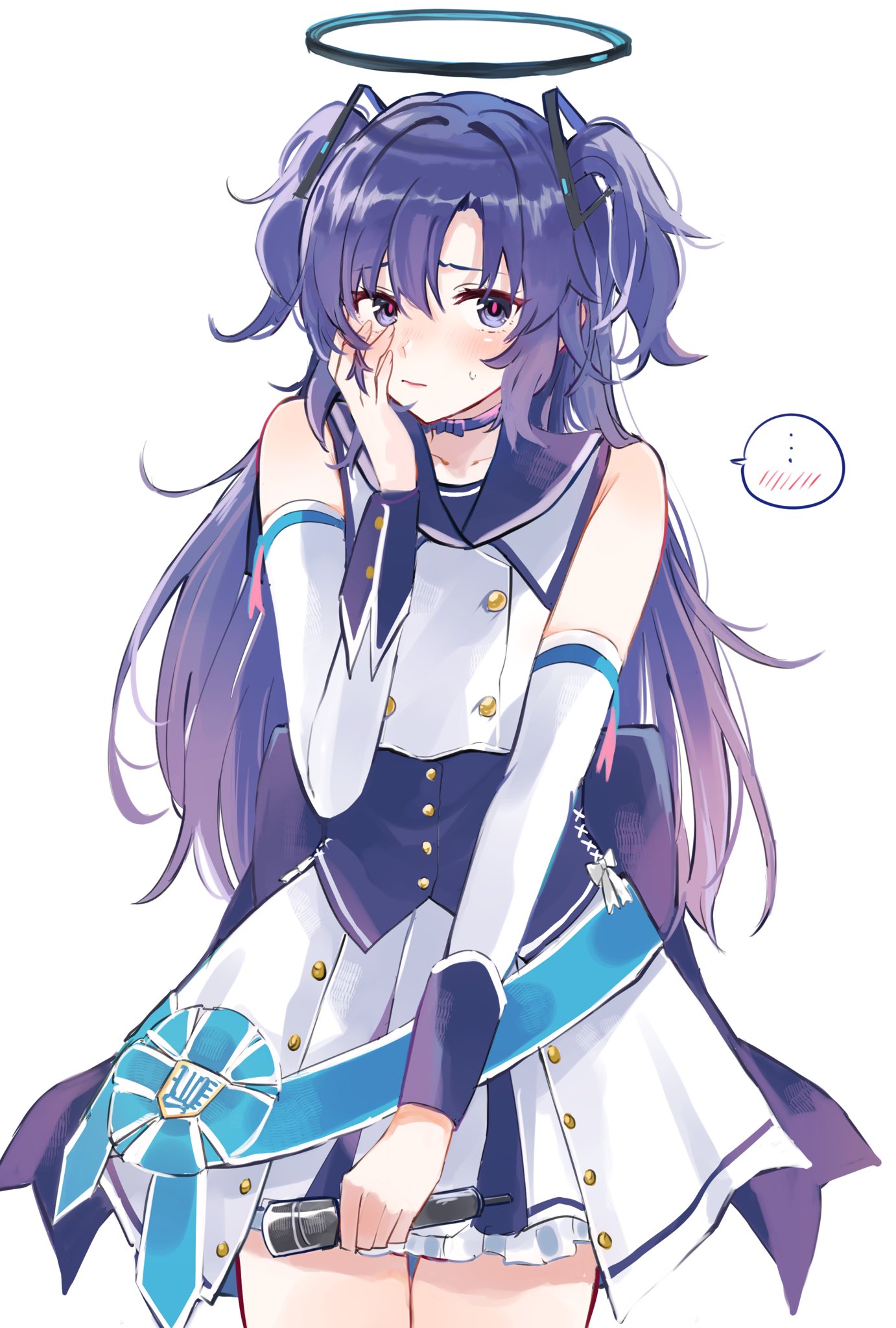 1girl, blue_archive, blue_dress, choker, closed_mouth, cowboy_shot, dress, elbow_sleeve