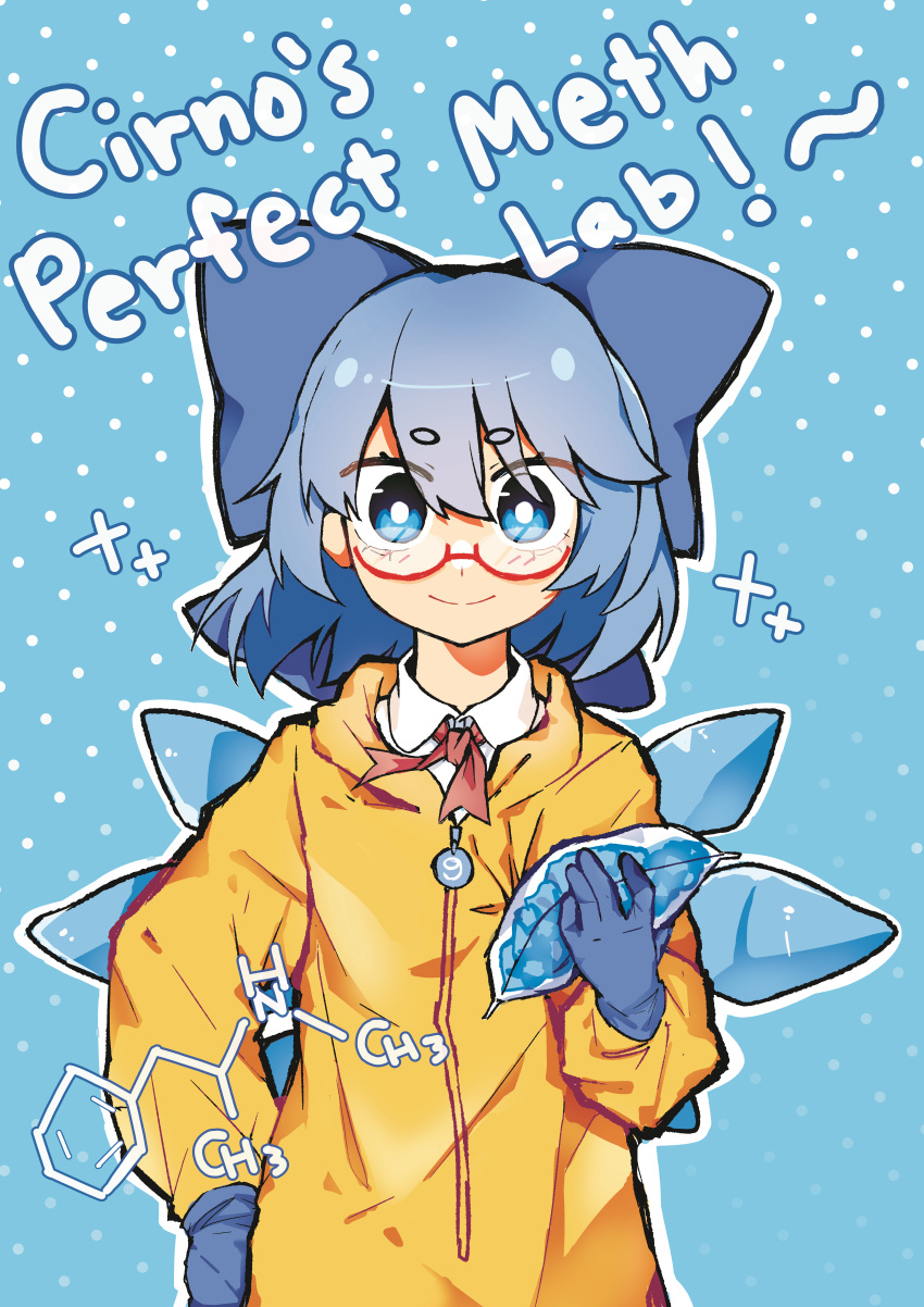 1girl, absurdres, bespectacled, blue_background, blue_bow, blue_eyes, blue_gloves, blue_hair