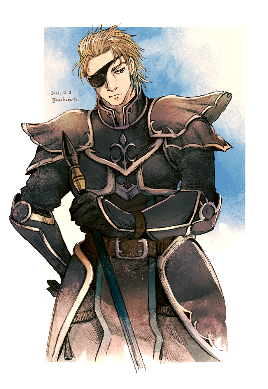 1boy, aoharuto, armor, artist_name, belt, blonde_hair, bracer, brown_eyes