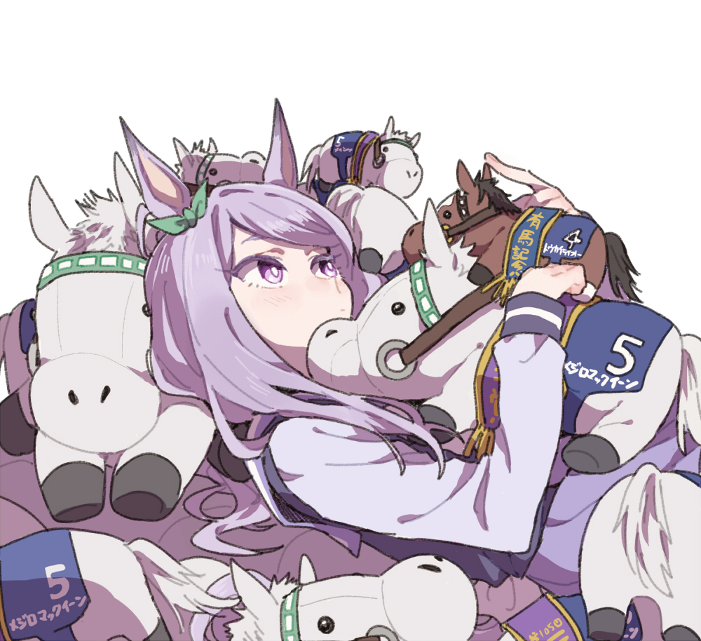 1girl, animal_ears, bangs, commentary_request, doll_hug, horse_ears, horse_girl, long_hair