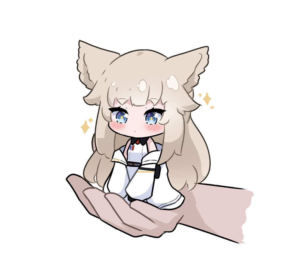 1boy, 1girl, animal_ears, arknights, arknights:_endfield, bangs, bare_shoulders, blue_eyes, blush, brown_hair, chibi, closed_mouth, commentary, disembodied_limb, dress, eyebrows_visible_through_hair, full_body, jacket, kurotofu, long_sleeves, minigirl, off_shoulder, open_clothes, open_jacket, perlica_(arknights), puffy_long_sleeves, puffy_sleeves, simple_background, sleeveless, sleeveless_dress, sleeves_past_fingers, sleeves_past_wrists, sparkle, white_background, white_dress, white_jacket