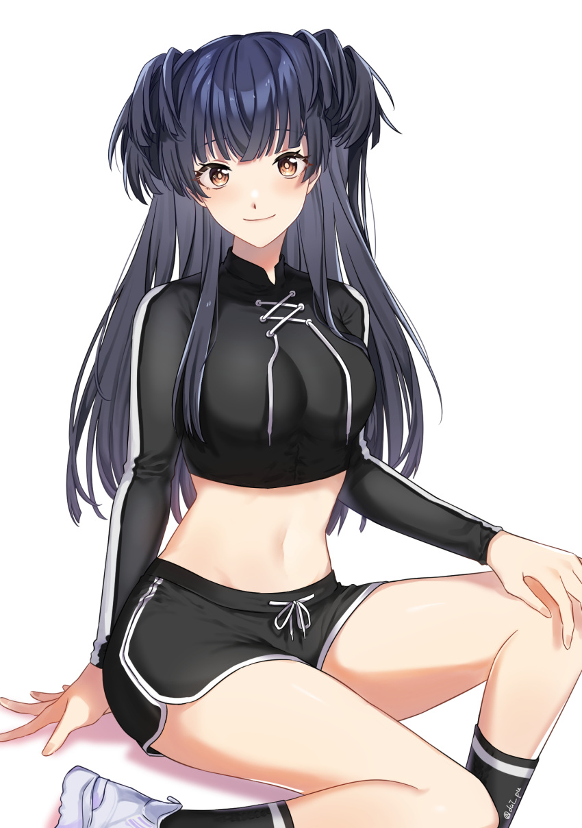 1girl, alternate_costume, arm_support, bangs, black_hair, black_shirt, black_shorts, blunt_bangs, blunt_ends, blush, breasts, crop_top, dolphin_shorts, highres, idolmaster, idolmaster_shiny_colors, knee_up, kneehighs, looking_at_viewer, mayuzumi_fuyuko, medium_breasts, navel, shirt, shorts, simple_background, sitting, smile, solo, sunyack, two_side_up, white_background