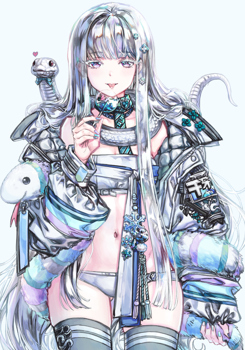 1girl, bangs, black_legwear, blue_bow, bow, candy, cheona_(last_origin), collarbone, food, forked_tongue, greatwhite1122, green_scarf, grey_jacket, grey_panties, grey_tube_top, hair_behind_ear, heart, highres, holding, holding_candy, holding_food, holding_lollipop, jacket, last_origin, lollipop, midriff, navel, off_shoulder, panties, piercing, scarf, silver_hair, snake, solo, thigh-highs, tongue, tongue_out, tongue_piercing, underwear, violet_eyes