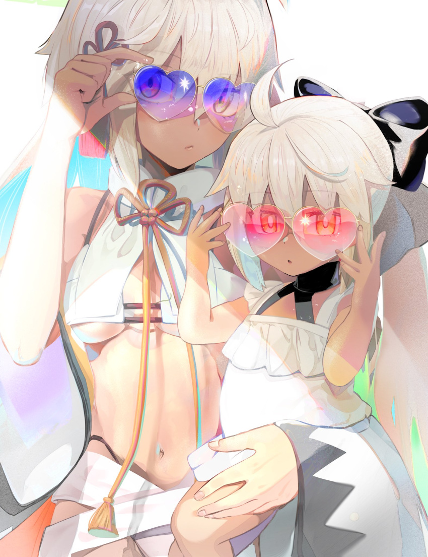 1girl, 2girls, ahoge, bangs, bare_shoulders, bikini, breasts, dark-skinned_female