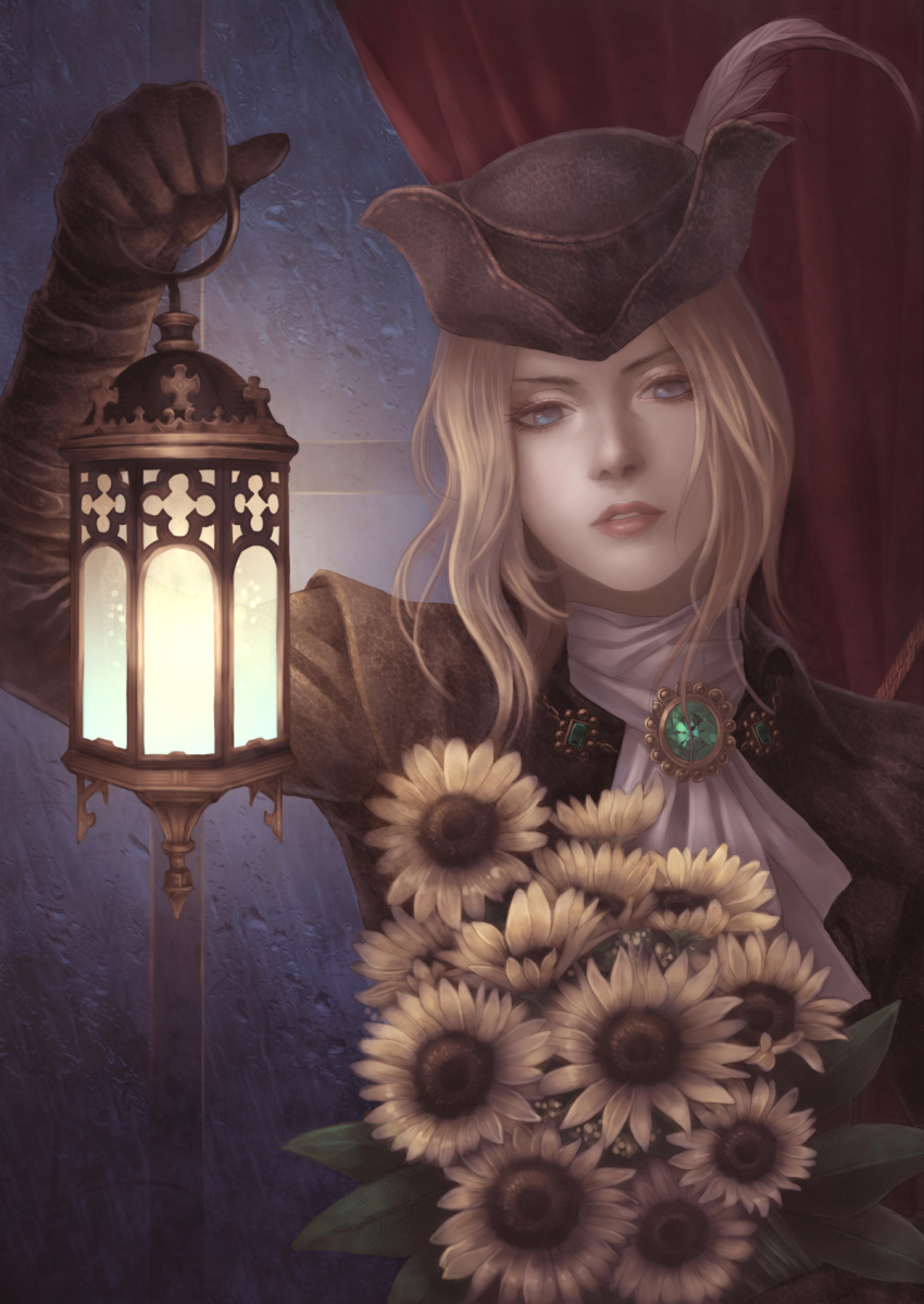 1girl, ascot, blonde_hair, bloodborne, blue_eyes, cape, coat, flowe