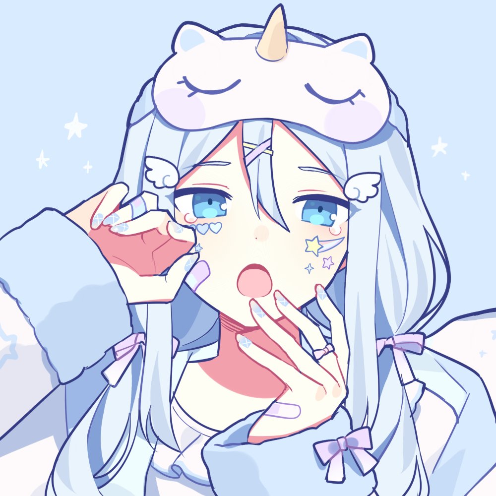 1girl, blue_background, blue_eyes, blue_hair, blue_jacket, blue_nails, blue_theme, bow