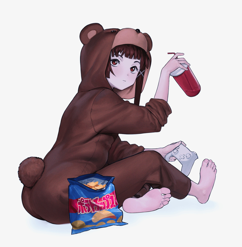 1girl, :|, animal_costume, arm_up, asymmetrical_hair, bangs, barefoot, bear_costume