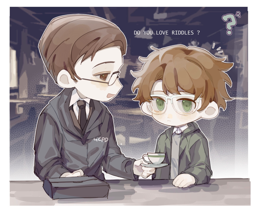 2boys, ?, animification, batman_(series), black_jacket, black_necktie, blush, brown_hair, chibi, collared_shirt, cup, dc_comics, edward_nashton, edward_nygma, glasses, gotham_(series), green_eyes, green_hoodie, grey_sweater, hair_behind_ear, highres, holding, holding_plate, hood, hoodie, jacket, male_focus, multiple_boys, necktie, plate, shirt, smile, sweater, teacup, the_batman_(2022), the_riddler, white_shirt, ying_zui_yu_weiba_de_shengzhang