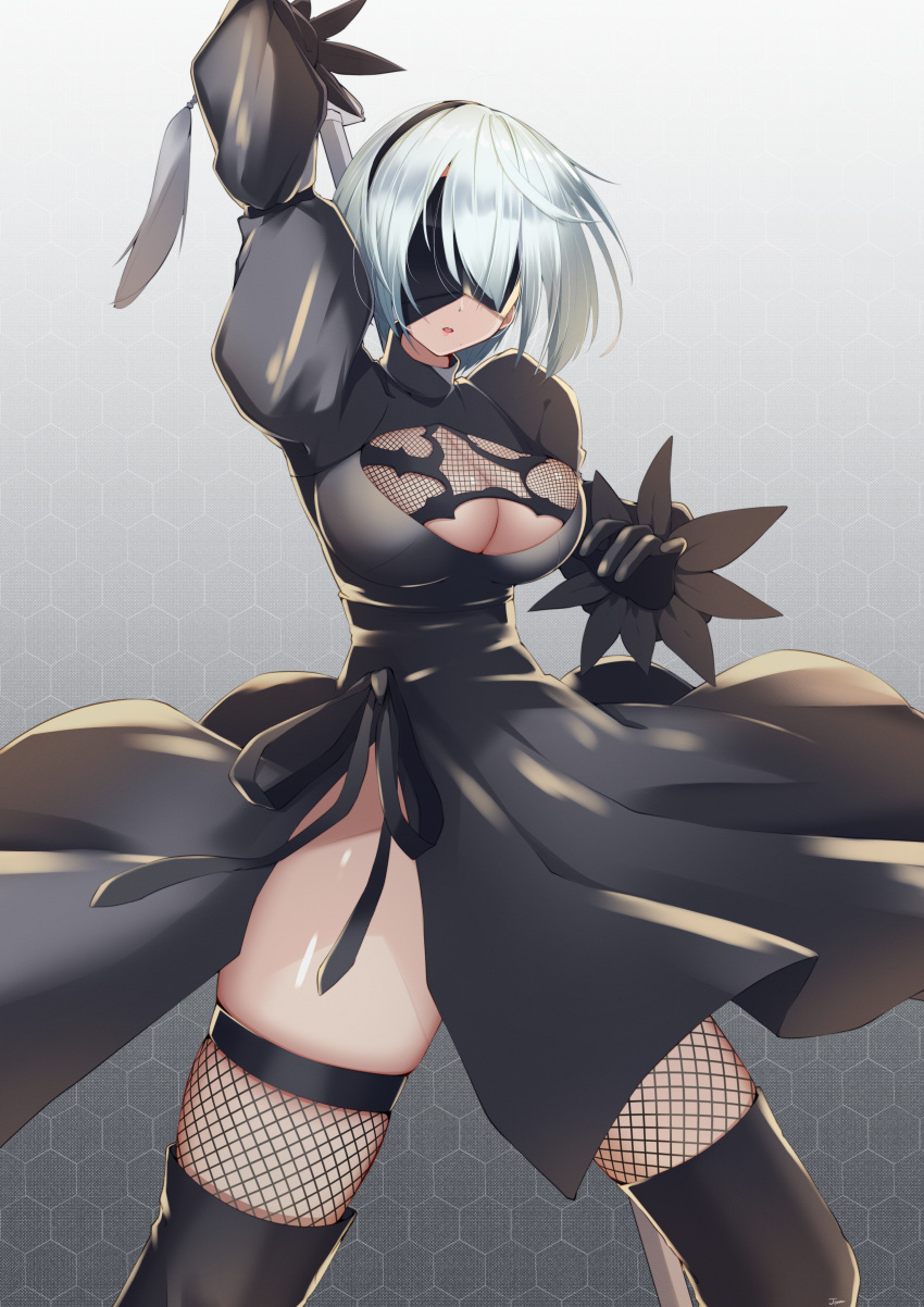 1girl, absurdres, arm_up, black_blindfold, black_dress, black_gloves, black_hairband, black_legwear