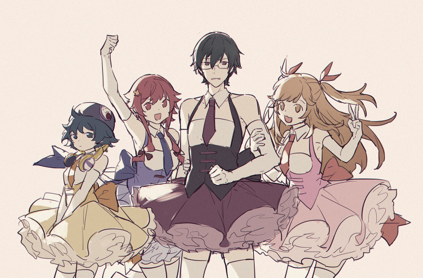 18_(backstreetno18), 1boy, 3girls, akagi_rin, annoyed, aoba_yuki, beige_background, black_hair