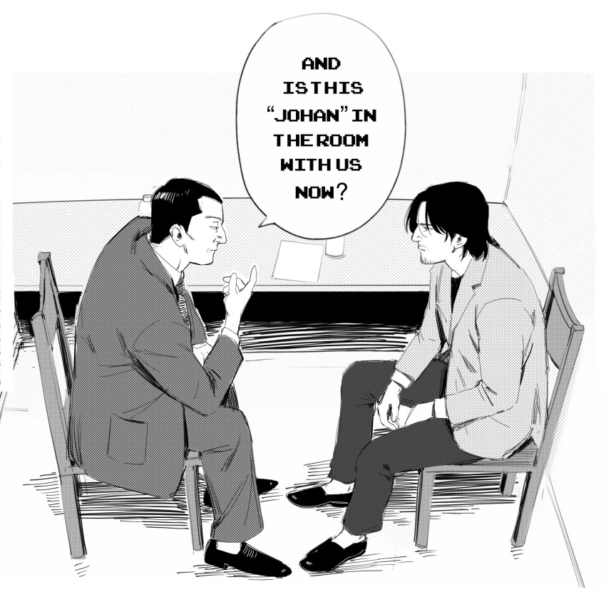 2boys, black_hair, coat, dudles, english_text, heinrich_lunge, highres, interrogation