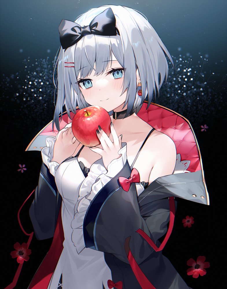1girl, apple, banned_artist, bare_shoulders, black_bow, black_jacket, black_nails, blue_eyes