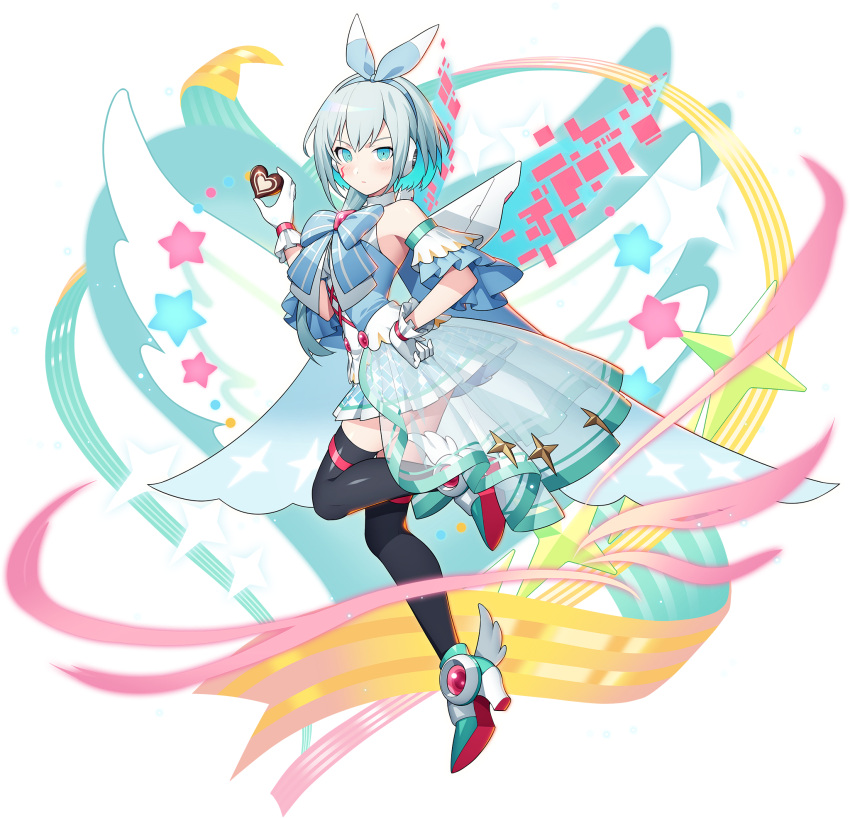 1girl, android, artist_request, black_legwear, blue_eyes, blush, candy, chocolate