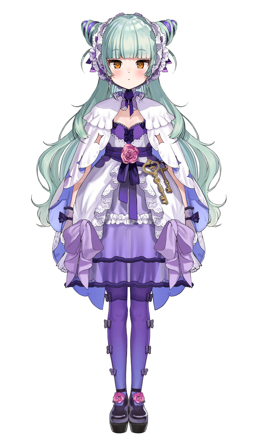 1girl, arms_at_sides, bangs, closed_mouth, dress, flat_chest, frills, green_hair