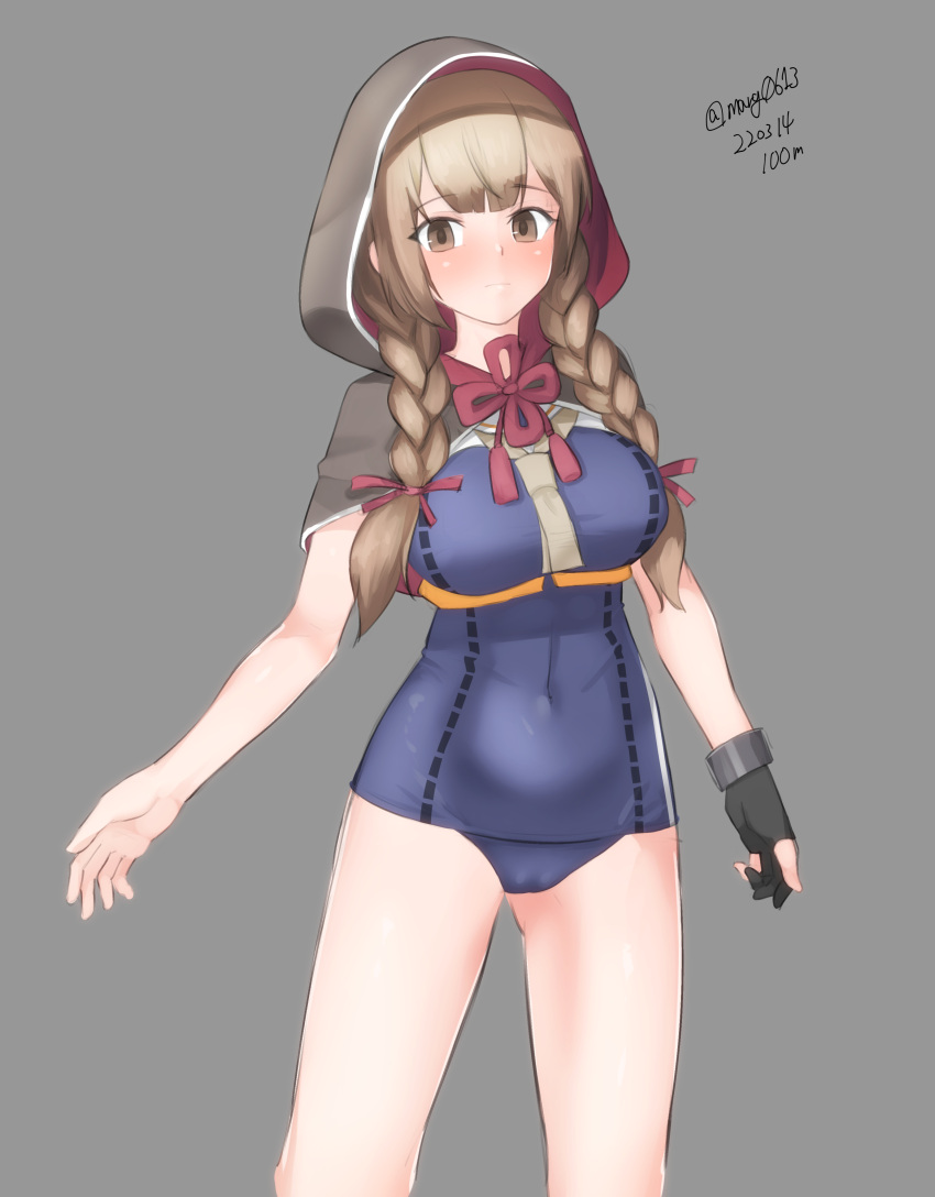 absurdres, black_capelet, black_gloves, blue_swimsuit, braid, breast_cutout, breasts, brown_hair