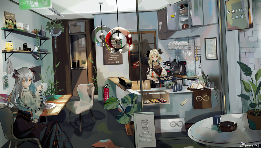 2girls, absurdres, arknights, ashtray, baking_sheet, black_choker, black_dress, black_skirt