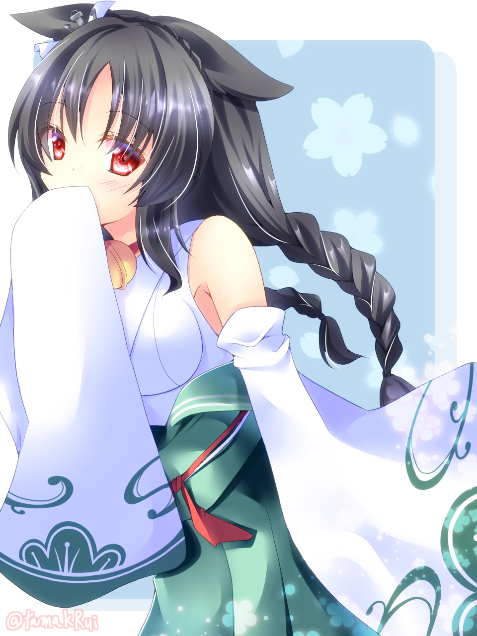 1girl, anchor_hair_ornament, animal_ears, azur_lane, bell, blue_background, braid, breasts