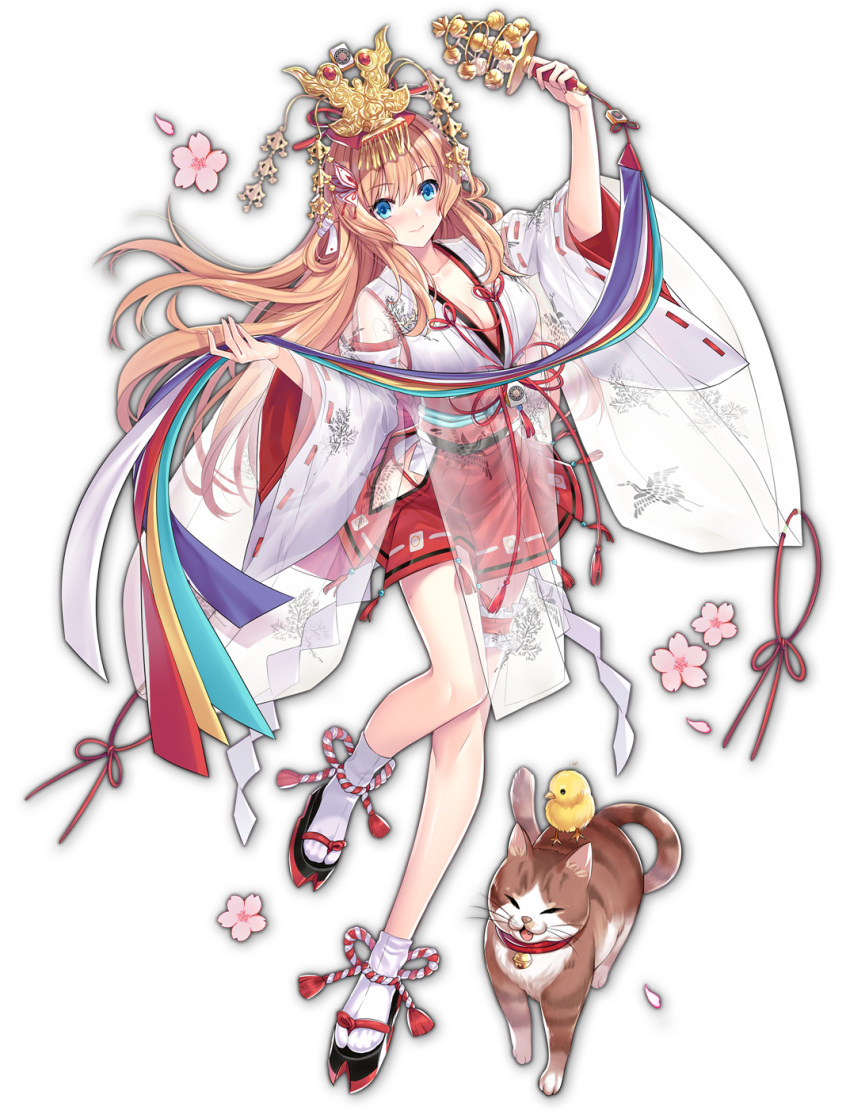 1girl, aihara_mai, artist_request, bell, bird, blonde_hair, blue_eyes, cat