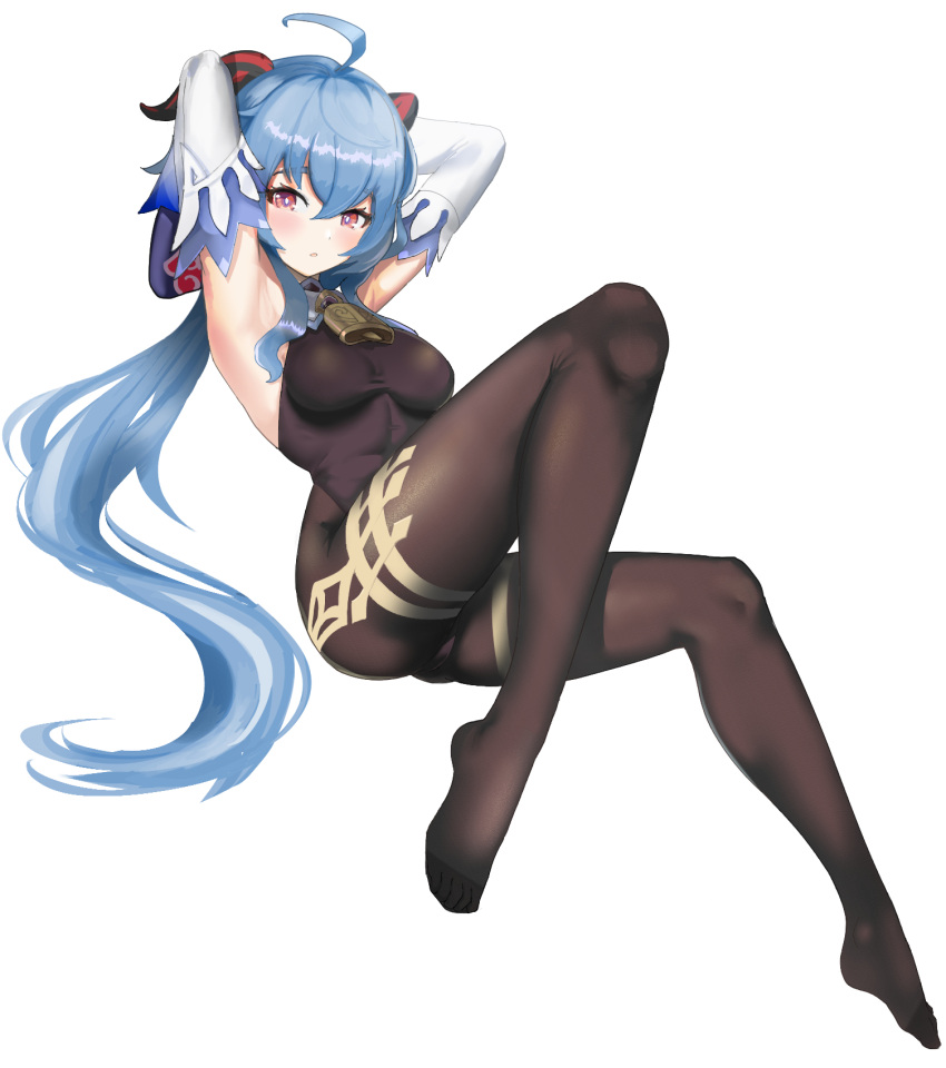 1girl, ahoge, armpits, arms_up, bangs, bell, black_legwear, black_leotard