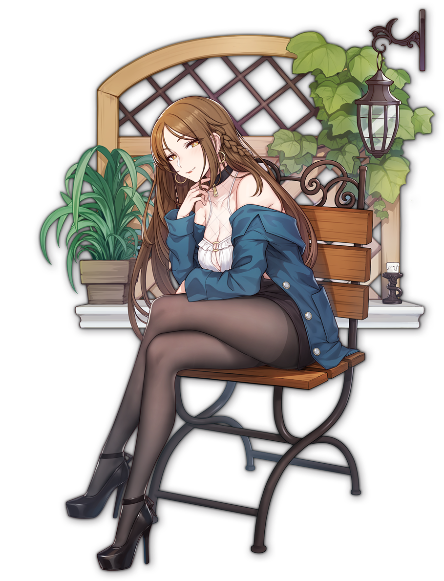 1girl, artist_request, black_footwear, braid, brown_hair, candle, chair, choker