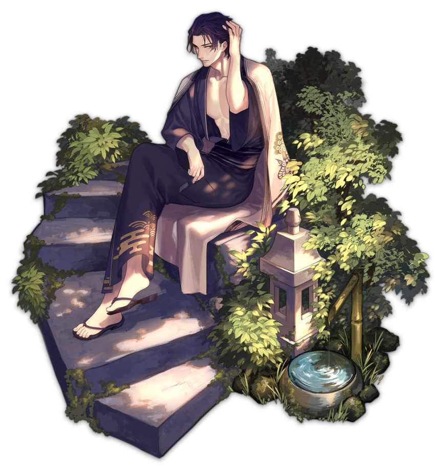 1boy, artist_request, bamboo, black_hair, black_kimono, crossed_legs, game_cg, glasses