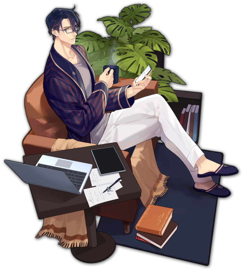 1boy, artist_request, black_hair, blue_footwear, book, bookshelf, cellphone, computer