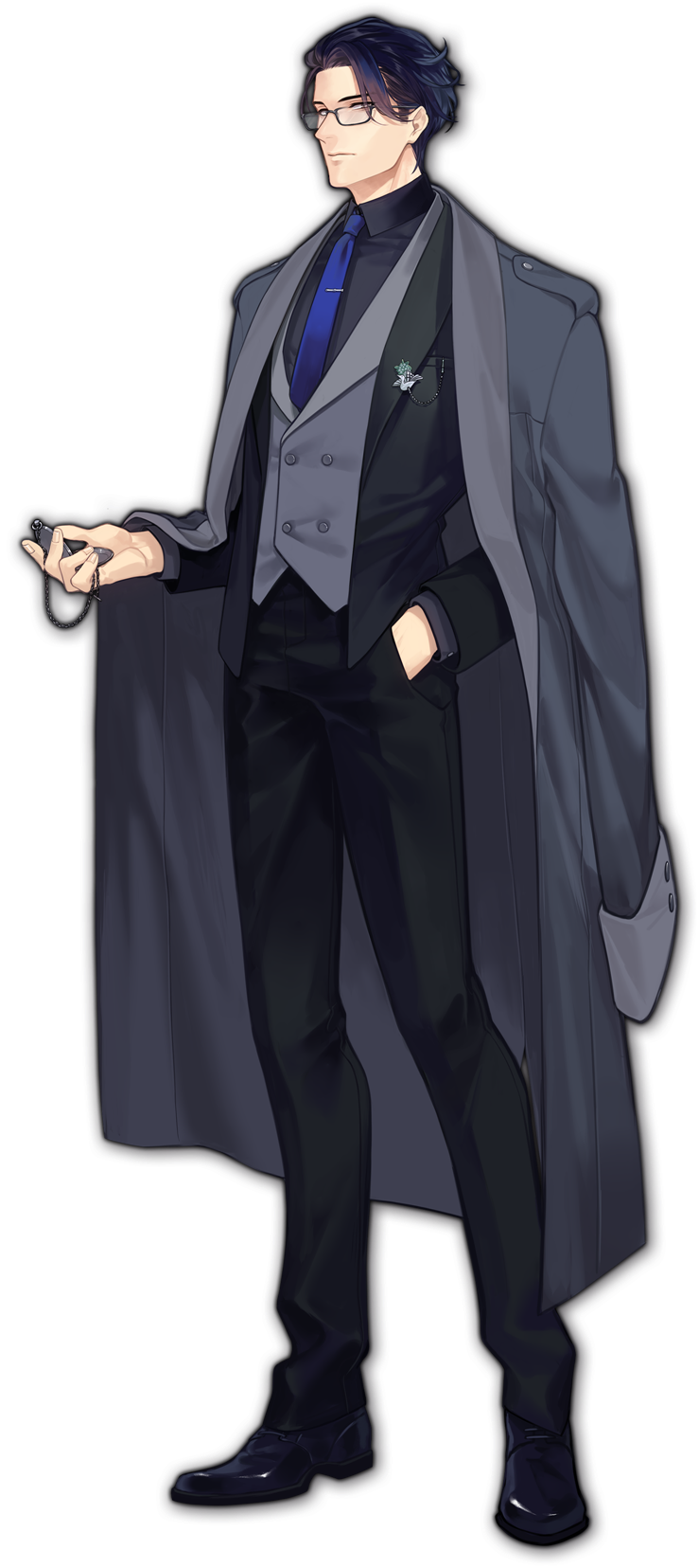 1boy, artist_request, black_footwear, black_hair, black_jacket, black_pants, black_shirt, blue_necktie