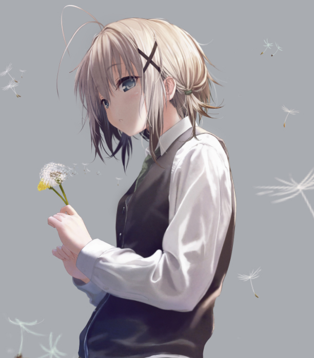 1girl, antenna_hair, bangs, black_hair, black_vest, blue_eyes, collared_shirt, flower