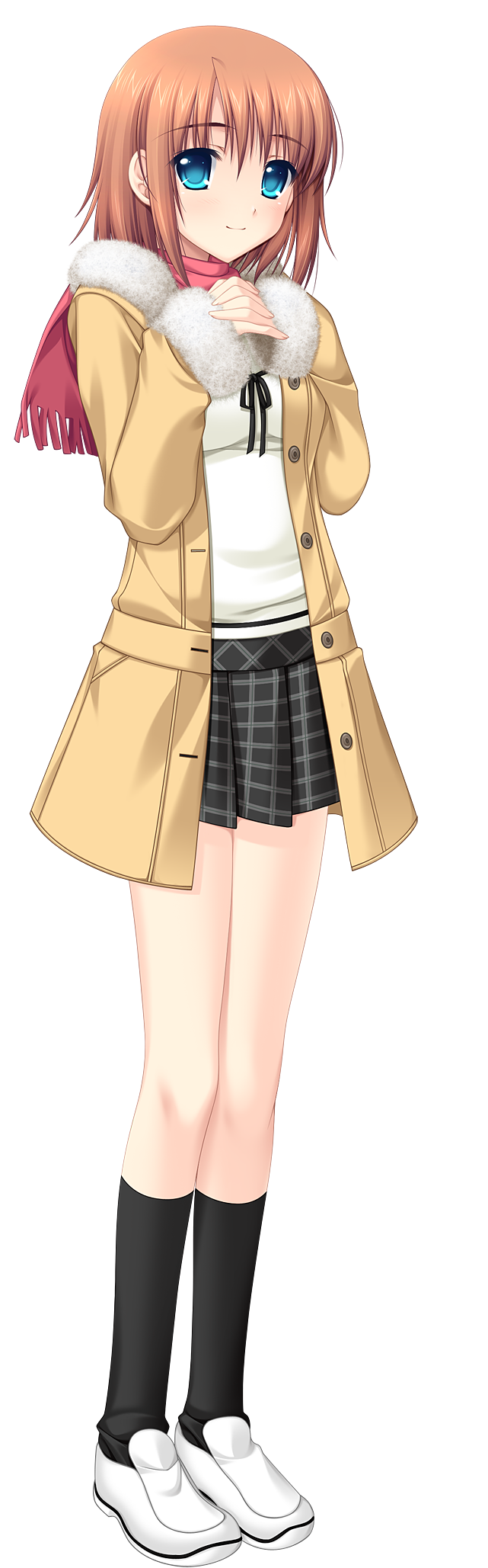 1girl, alpha_(yukai_na_nakamatachi), bangs, black_legwear, black_ribbon, black_skirt, blue_eyes, brown_hair