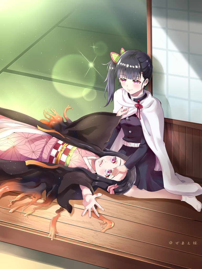 2girls, :d, absurdres, bangs, black_hair, black_jacket, black_skirt, blunt_bangs, cape, closed_mouth, gradient_hair, haori, highres, jacket, japanese_clothes, kamado_nezuko, kimetsu_no_yaiba, kimono, lap_pillow, lens_flare, long_hair, long_sleeves, looking_down, miniskirt, multicolored_hair, multiple_girls, obi, open_mouth, orange_hair, outstretched_arms, pink_eyes, pink_kimono, pleated_skirt, qise_zhijing, red_eyes, red_ribbon, ribbon, sash, shiny, shiny_hair, side_ponytail, skirt, smile, socks, sparkle, tsuyuri_kanao, very_long_hair, white_cape, white_legwear