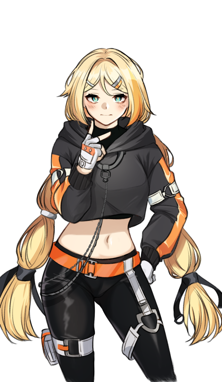 1girl, black_pants, black_shirt, black_survival, blonde_hair, blue_eyes, blush, charon_(duddnd2361), cowboy_shot, eternal_return:_black_survival, fingerless_gloves, gloves, hair_ornament, hairclip, highres, long_hair, looking_at_viewer, midriff, navel, nicky_blake, official_alternate_costume, pants, shirt, simple_background, twintails, very_long_hair, white_background