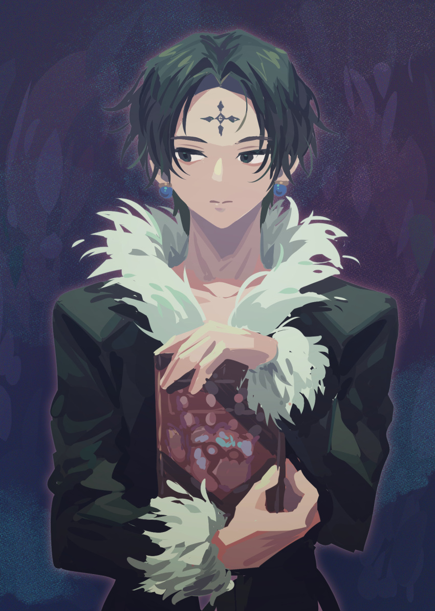 1boy, bangs, black_eyes, black_hair, book, chrollo_lucilfer, coat, earrings