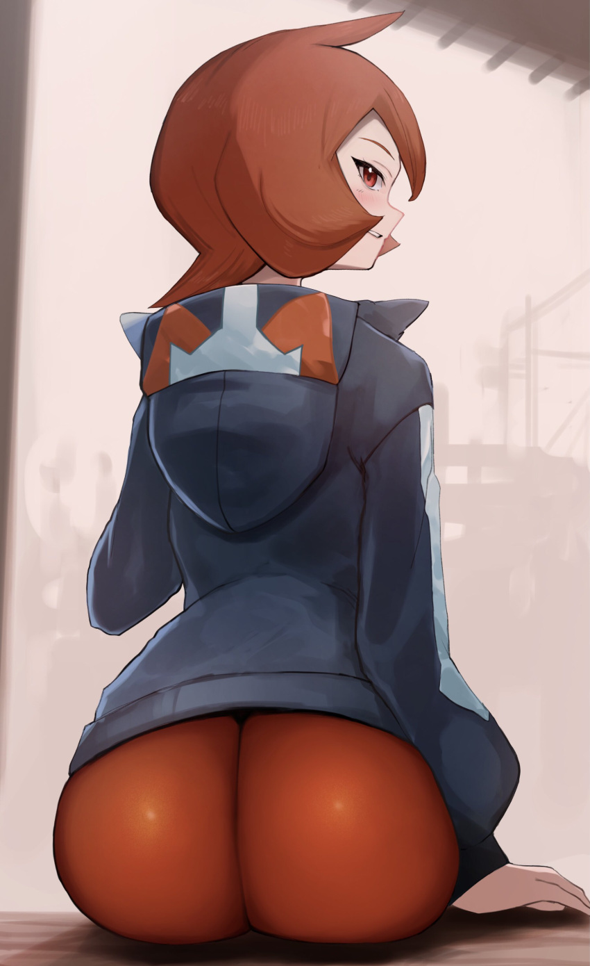 1girl, :p, absurdres, arezu_(pokemon), arm_support, ass, blue_jacket, blush
