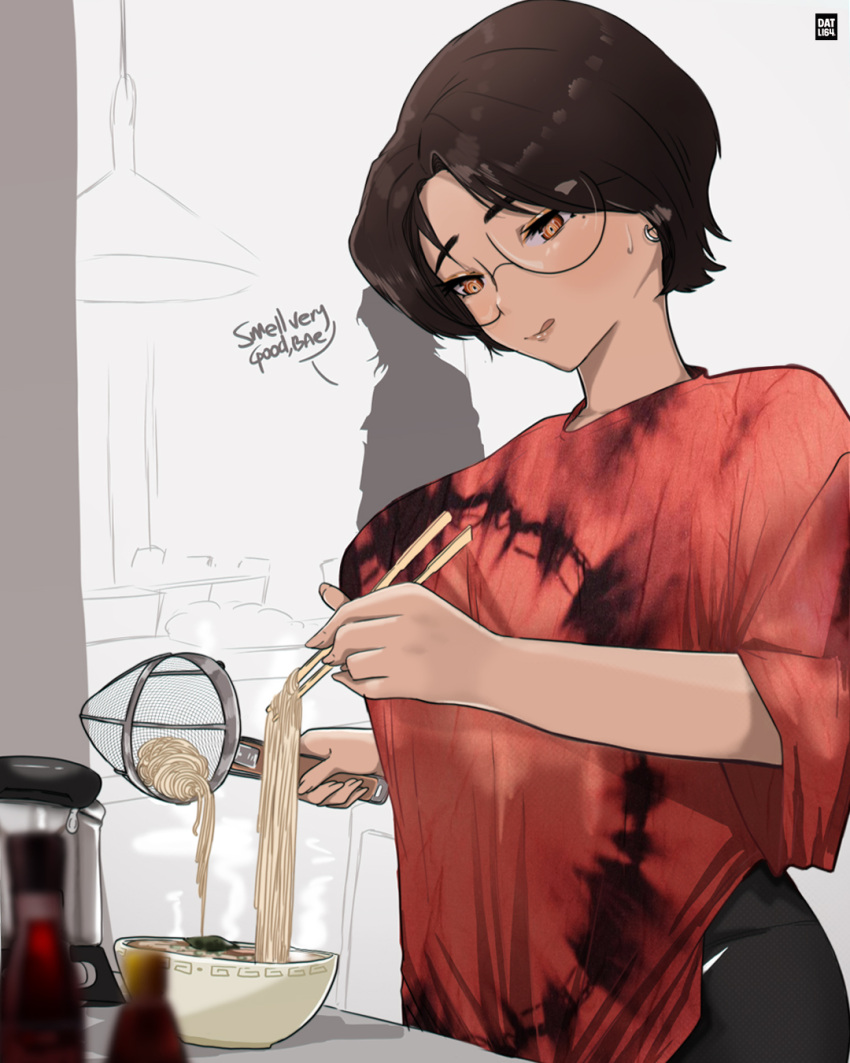 1girl, black_pants, breasts, chopsticks, cooking, datli64, earrings, food