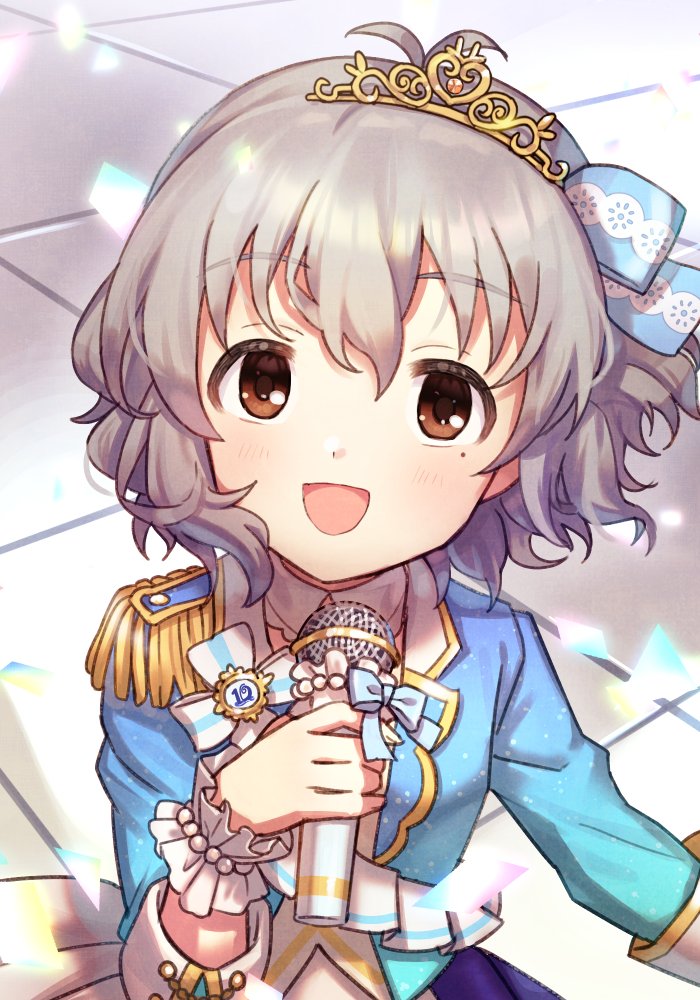 antenna_hair, bangs, brown_eyes, child, commentary_request, detached_collar, emblem, epaulettes