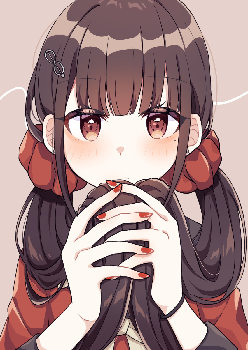 1girl, absurdres, bangs, blush, bow, bowtie, brown_hair, closed_mouth