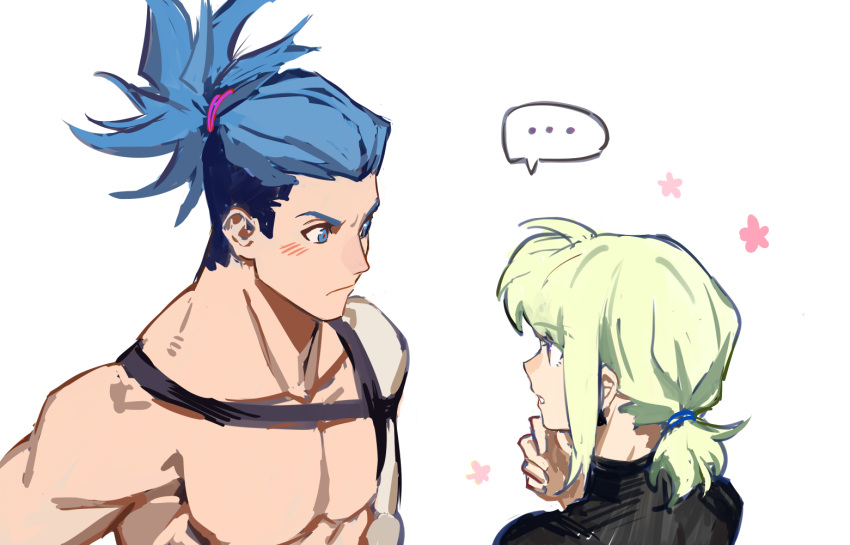 ..., 2boys, androgynous, blue_eyes, blue_hair, blush, collarbone, galo_thymos, green_hair, hanezo, lio_fotia, looking_at_another, male_focus, multiple_boys, muscular, muscular_male, pectorals, ponytail, promare, short_hair, sidecut, sidelocks, simple_background, speech_bubble, topless_male, white_background