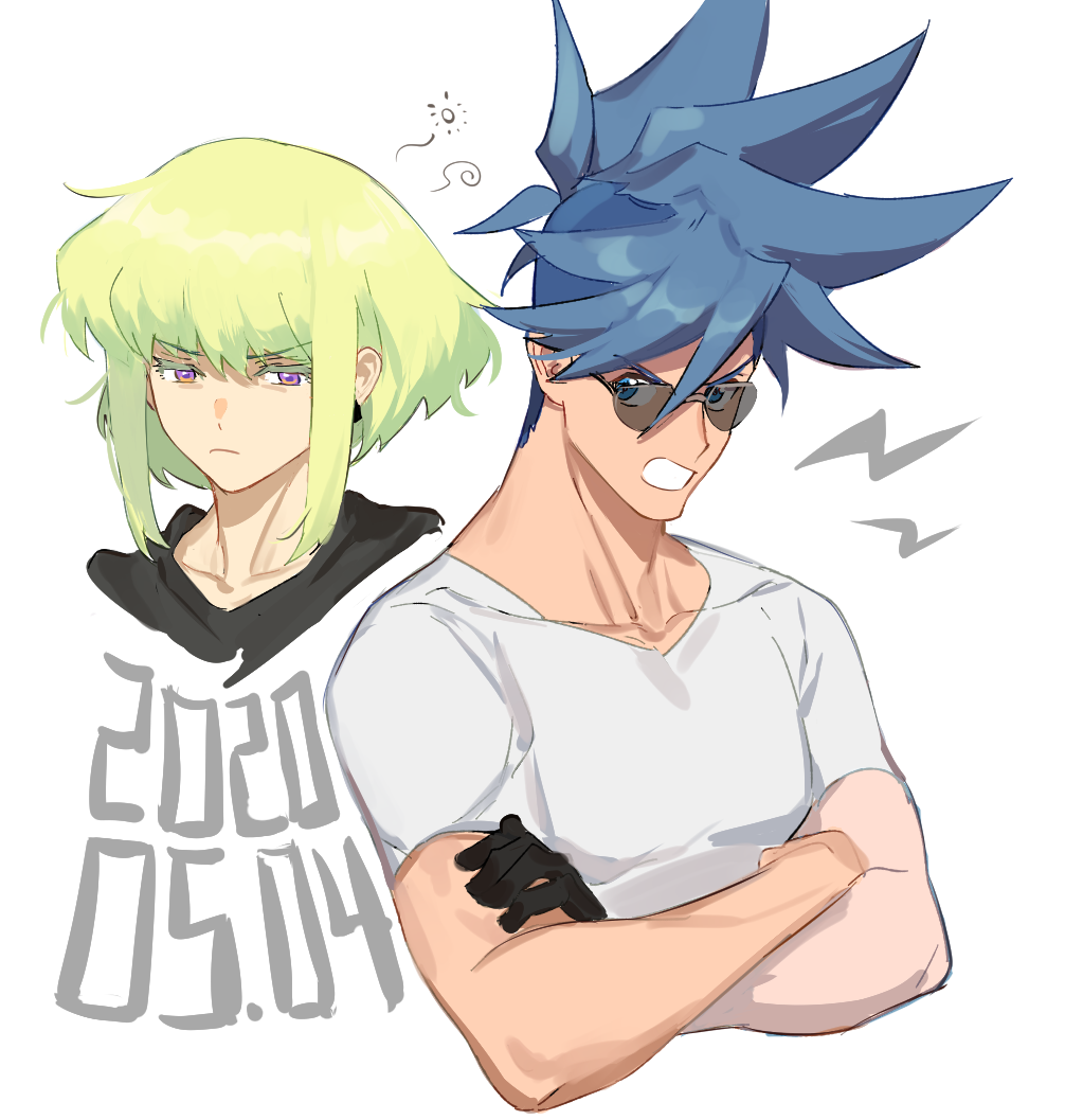 2boys, androgynous, black_gloves, blue_hair, collarbone, crossed_arms, dated, earrings