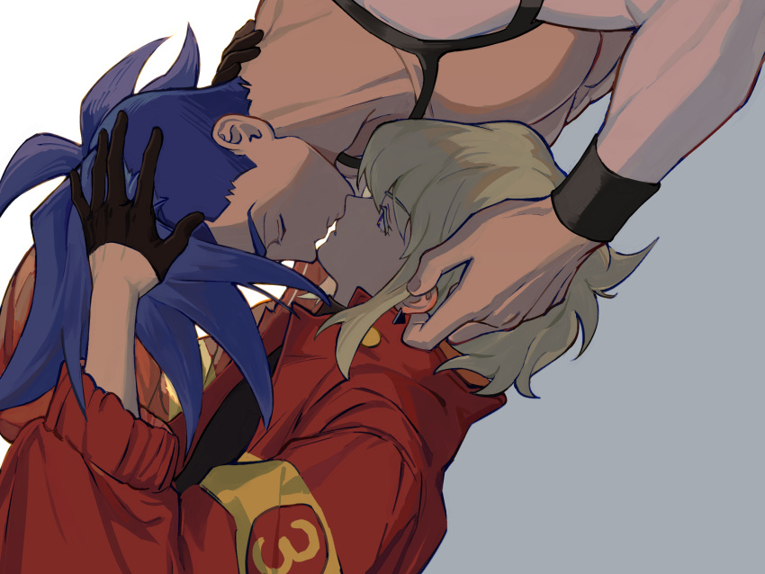 2boys, androgynous, black_gloves, blue_eyes, blue_hair, earrings, eyebrows_visible_through_hair, firefighter_jacket