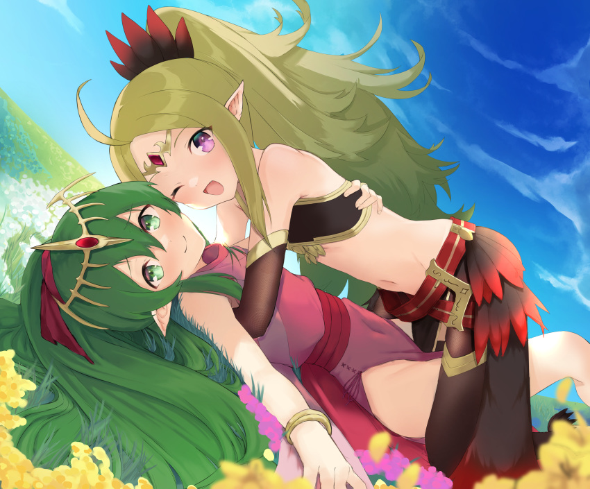 2girls, ;d, absurdres, bangle, bare_shoulders, black_gloves, bracelet, commentary, dress, fire_emblem, fire_emblem:_mystery_of_the_emblem, fire_emblem_awakening, fire_emblem_heroes, gloves, green_eyes, green_hair, hair_ornament, highres, hug, jewelry, long_hair, looking_at_viewer, lying, mikayu_1, multiple_girls, navel, nowi_(fire_emblem), official_alternate_costume, on_back, one_eye_closed, outdoors, pink_dress, pointy_ears, ponytail, smile, stomach, tiara, tiki_(fire_emblem), very_long_hair, violet_eyes