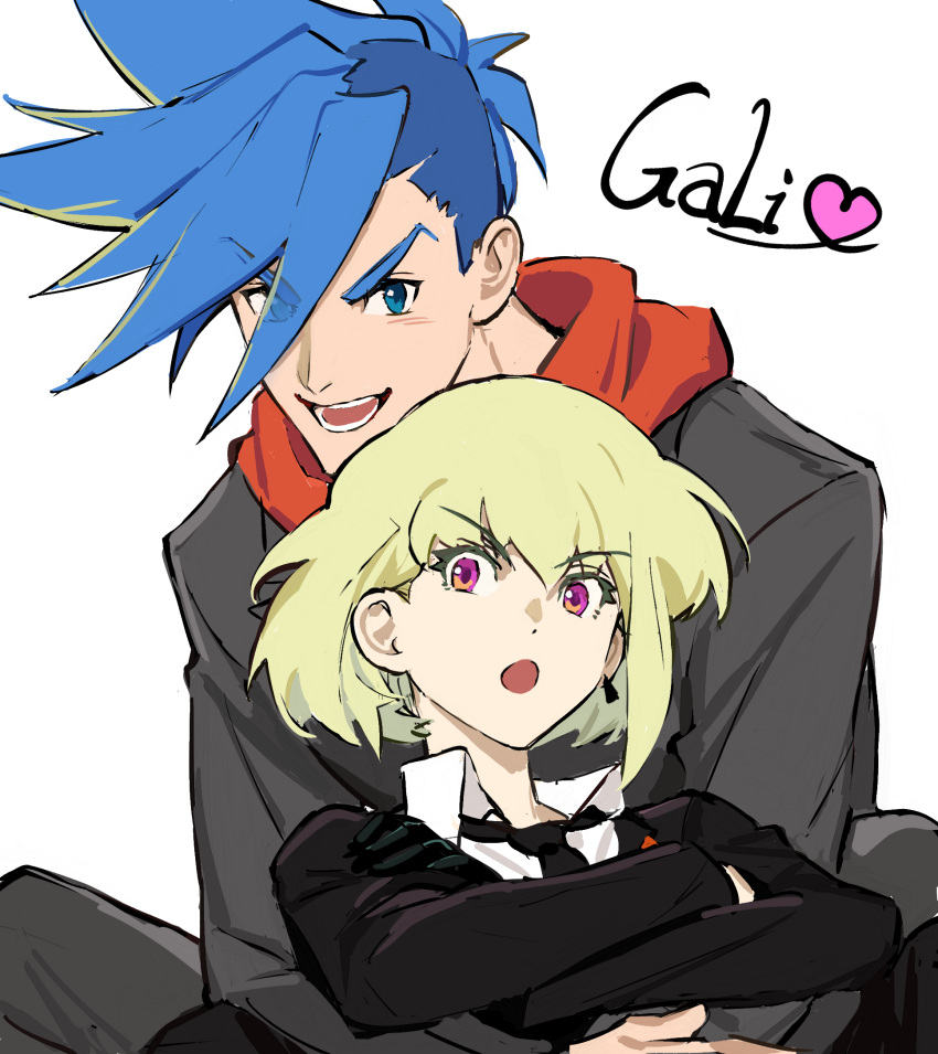 2boys, androgynous, black_gloves, blue_hair, crossed_arms, earrings, eyebrows_visible_through_hair, galo_thymos