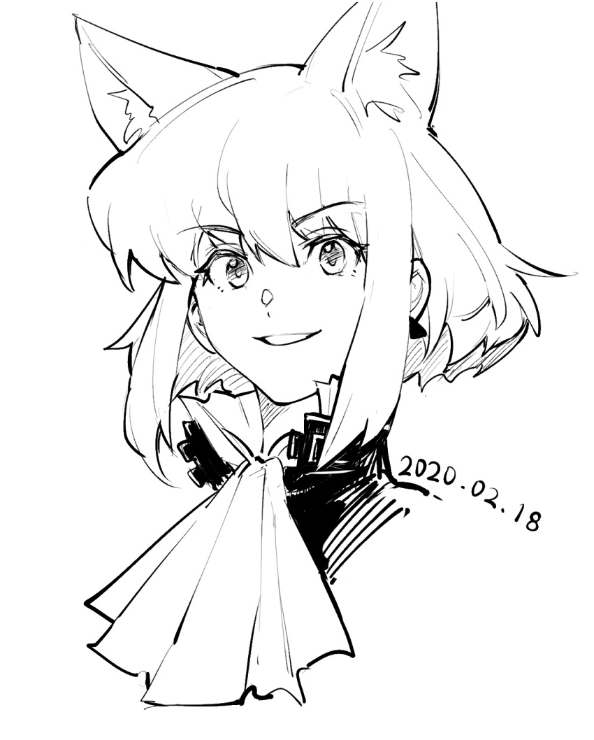 1boy, androgynous, animal_ears, cat_boy, cat_ears, collared_shirt, dated, eyebrows_visible_through_hair, eyes_visible_through_hair, greyscale, hanezo, highres, lio_fotia, male_focus, monochrome, portrait, promare, shirt, short_hair, sidelocks, simple_background, smile, solo, white_background