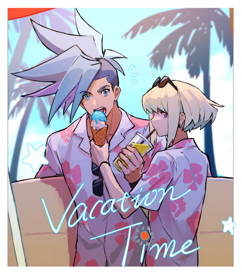 androgynous, beach, blue_eyes, blue_hair, border, collared_shirt, cup, drinking