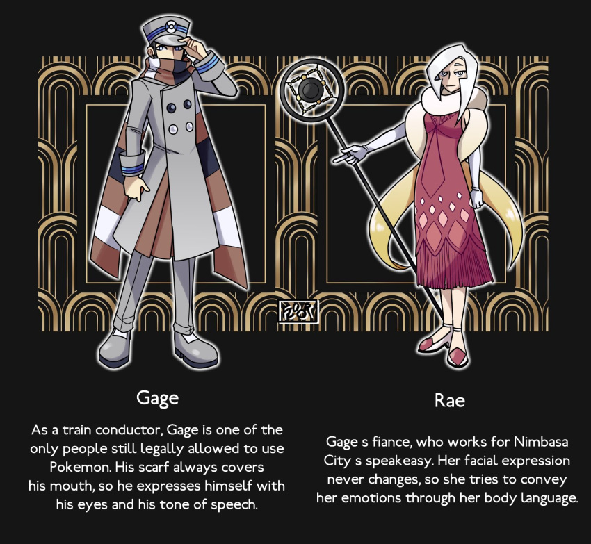 1920s_(style), 1boy, 1girl, asymmetrical_hair, buttons, coat, english_text, feather_boa