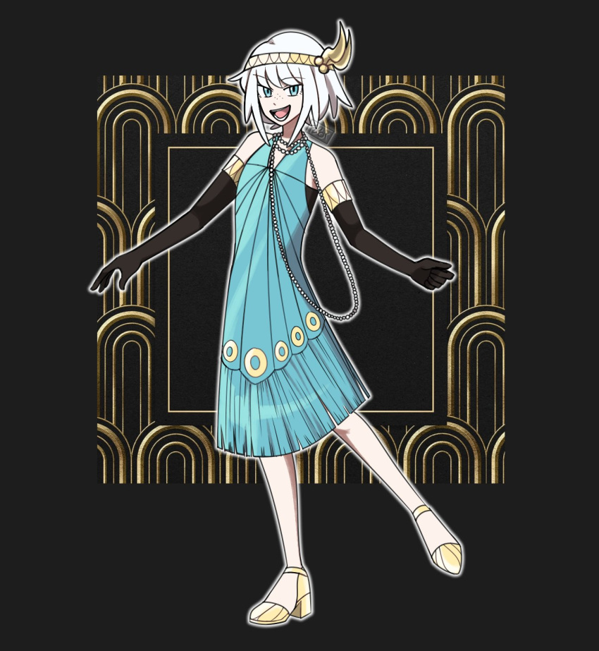 1920s_(style), 1girl, blue_dress, dress, feathers, flapper_girl, fluorart, freckles