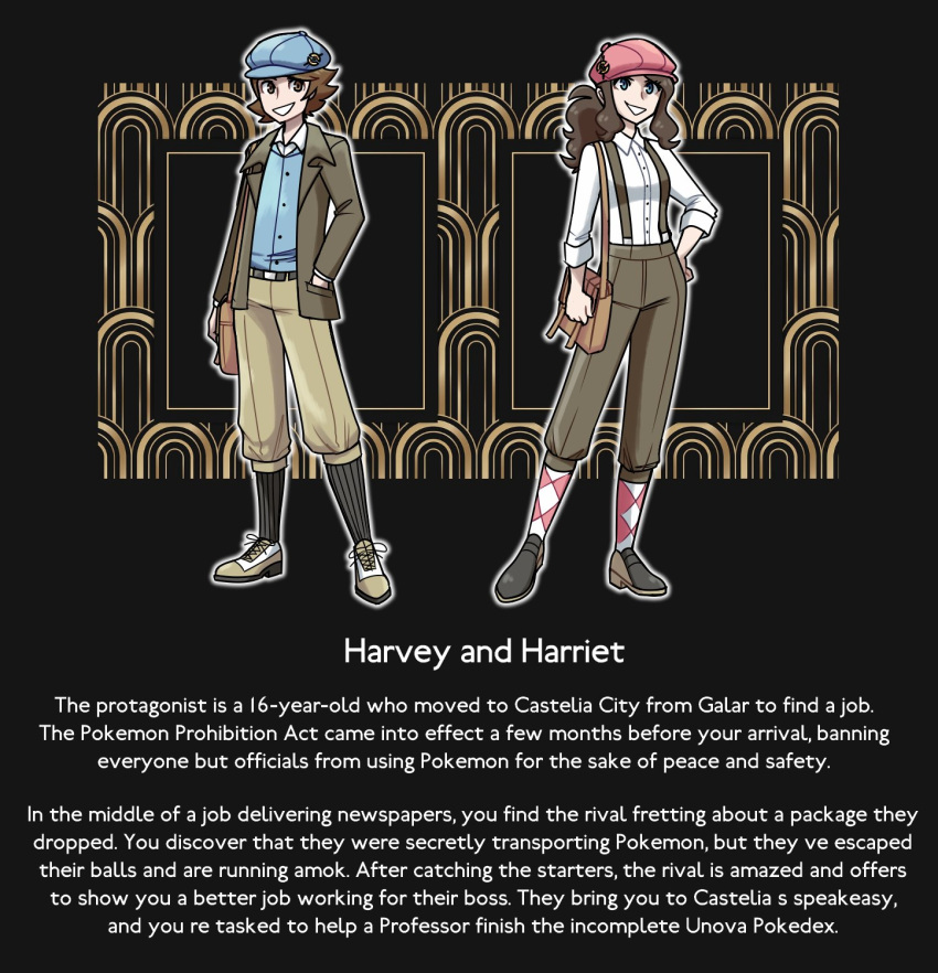 1920s_(style), 1boy, 1girl, bag, blue_headwear, brown_hair, brown_pants, english_text