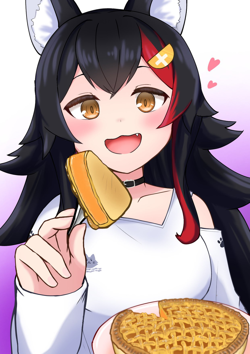 1girl, animal_ear_fluff, animal_ears, black_hair, clothing_cutout, fang, feeding, food